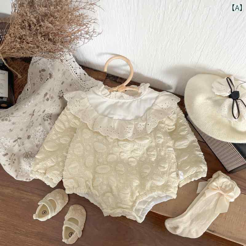ロンパース 女の子 ベビー 乳幼児 春秋 プリンセス風 韓国風 おしゃれ かわいい レースフリル 切り替え パフスリーブ 長袖 カバーオール ポリエステル 普段使い お出かけ着