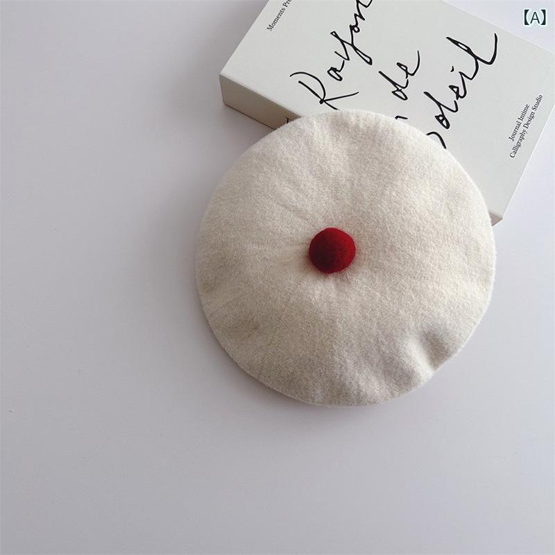 ベレー帽 女の子 キッズ レトロ ポンポン付き ウール調 おしゃれ かわいい 上品 お出かけ 通園 アイボ..