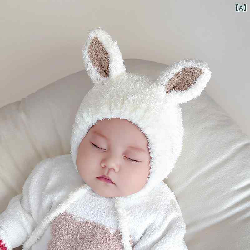 針織帽 - ベビー ニット帽 男の子 女の子 乳幼児 赤ちゃん 兎耳 うさ耳 かわいい ふわふわ モコモコ あったか 秋冬 保温 防寒 防風 耳あて帽 厚手 毛糸 つばなし 丸型 普段使い お出かけ