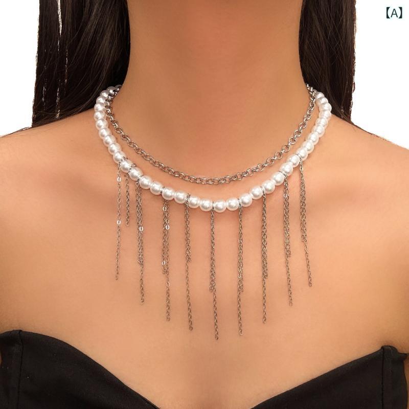 ネックレス レディース 模造パール タッセル 合金製 電気メッキ加工 二重デザイン レトロ調 おしゃれ 高級感 普段使い デイリーユース エレガント 首飾り 春夏