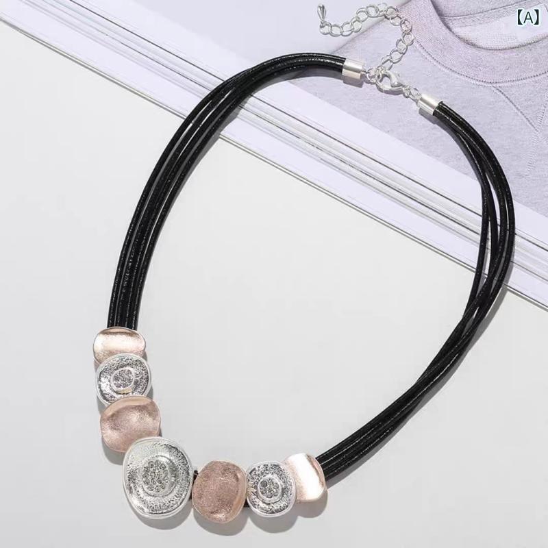 ネックレス レディース 欧米風 個性的 ファッション トレンド 大ぶり 存在感 多重 革紐 レザーコード メタル 合金製 電気メッキ加工 幾何学モチーフ 円形 ショート 鎖骨チェーン チョーカー