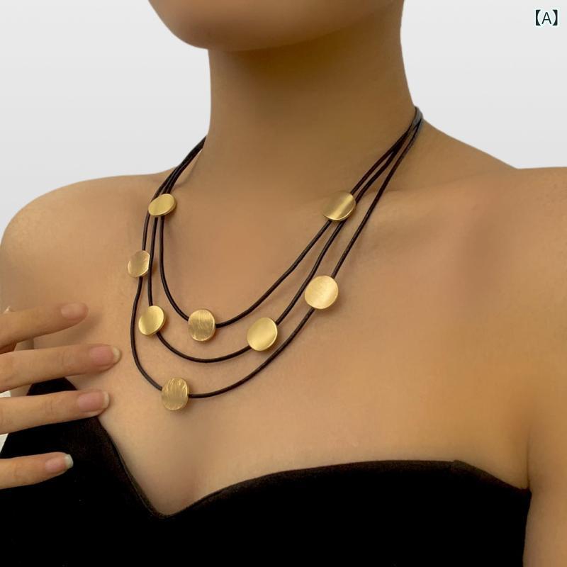 ネックレス レディース レイヤード 多連 鎖骨ネックレス ヴィンテージ レトロ エレガント 上品 高見え ライトラグジュアリー 大ぶり 存在感 幾何学 サークル 亜鉛合金 電気メッキ加工 ファッション 通勤