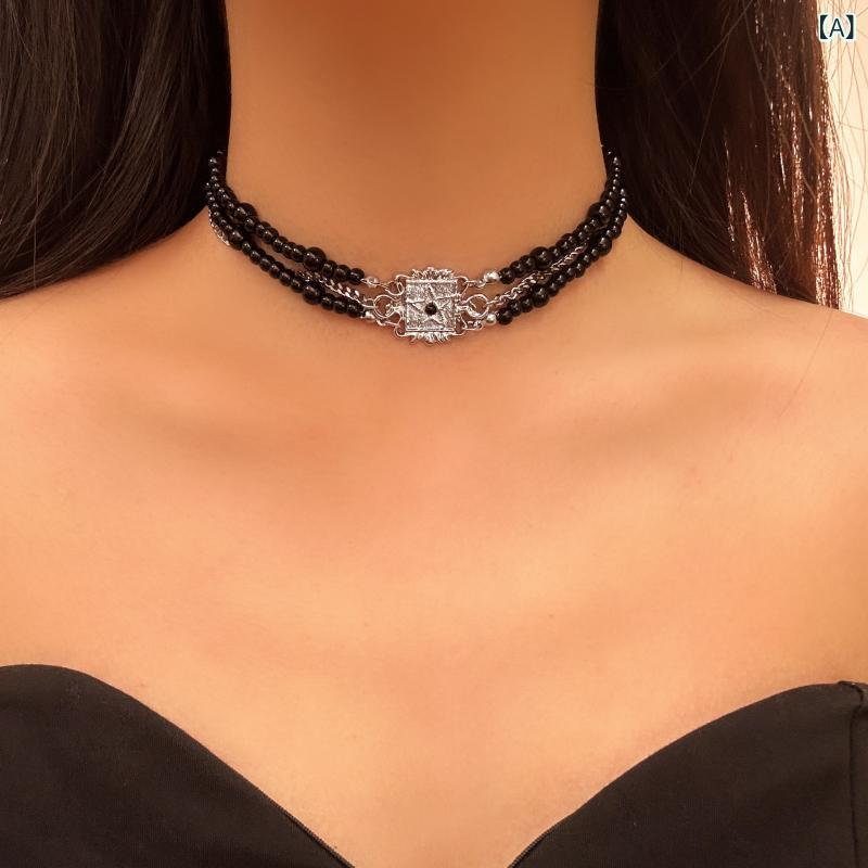 ネックレス レディース 天然黒瑪瑙 ビーズ ハンドメイド ロングネックレス 多層 五芒星 欧米風 個性的 上品 高級感 電気メッキ加工 アンティーク調 ブラック