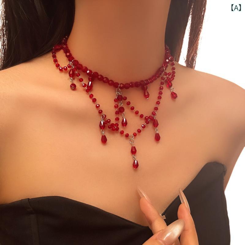 ネックレス 女性用 レッドクリスタル ビーズ フリンジ チョーカー 上品 エレガント 高級感 電気メッキ加工 個性的 華やか パーティー 普段使い アクセサリー
