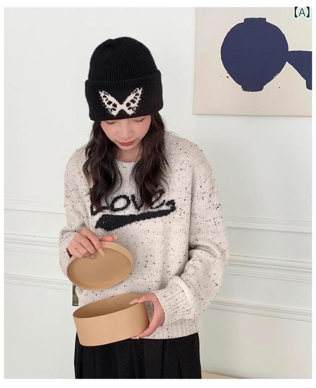 ニット帽 レディース 刺繍バタフライ ウール 韓国風 シンプル カジュアル トレンド 個性的 あったか 防..