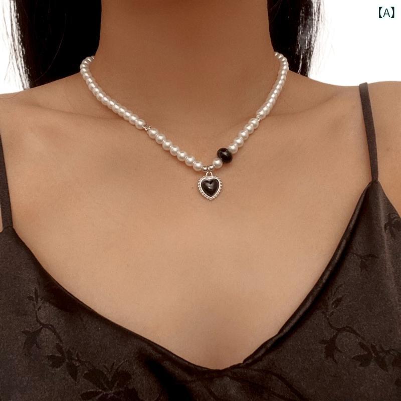 ネックレス レディース フェイクパール ハートモチーフ ブラック瑪瑙 合金製 欧米風 個性的 甘辛ミックス 高級感 普段使い カジュアルスタイル 秋冬 電気メッキ加工
