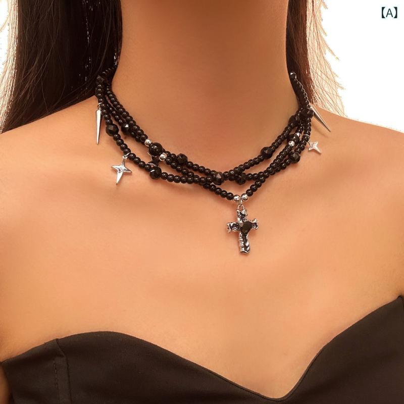 ネックレス ユニセックス ゴシック パンク 重厚感 多層 チョーカー 重ね付け ヴィンテージ ブラック 十字架 ペンダント 合金製 電気メッキ加工 鎖骨チェーン ダーク系