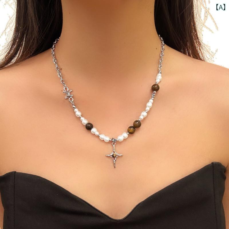 ネックレス レディース フェイクパール キャッツアイ クロス ペンダント 高級感 上品 チョーカー 普段使い デイリーユース 個性的 デザイン 切り替え 合金 電気メッキ
