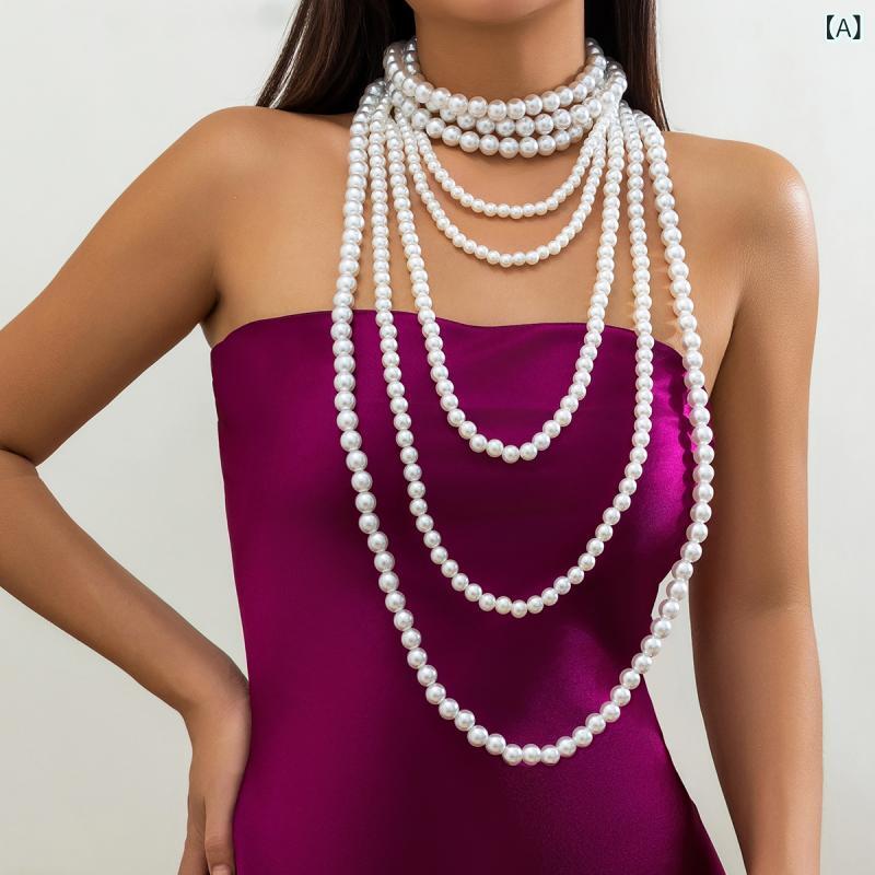 Akoya Pearl - ネックレス 女性用 多層 チョーカー フェイクパール 欧米風 バロック 大小パールビーズ エレガント レトロ ヴィンテージ フレンチスタイル カジュアル フォーマル 上品 華やか 秋冬 ホワイト系