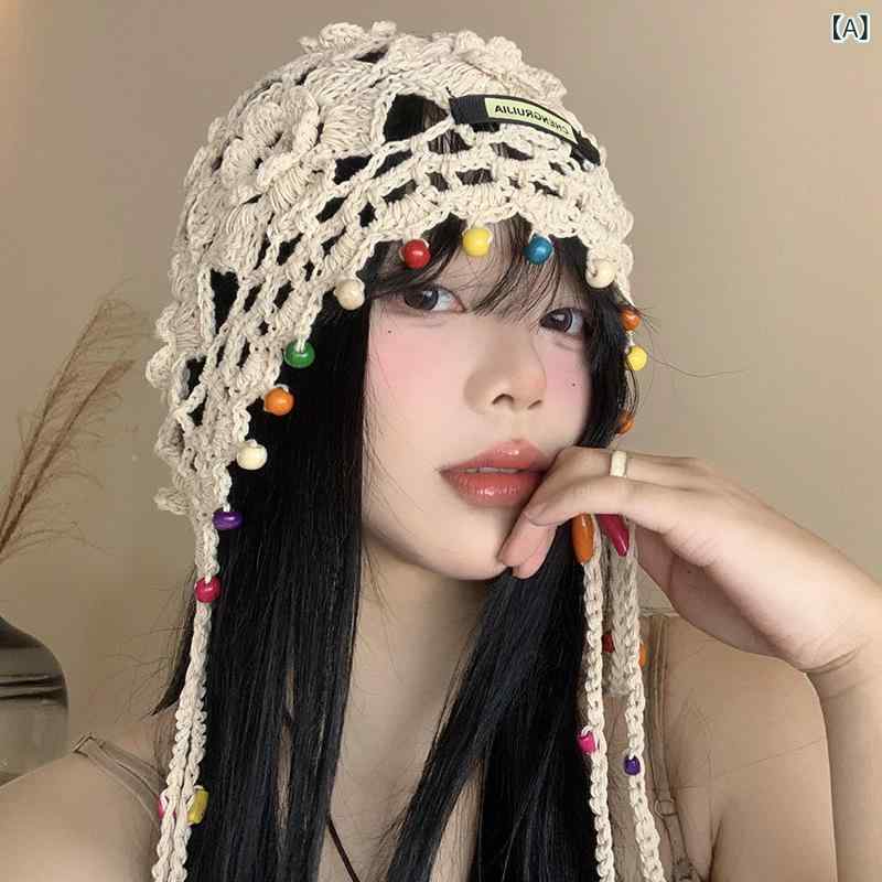 ニット帽 レディース ボヘミアン エスニック フリンジ タッセル ウッドビーズ フラワー 花柄 透かし編み 手編み ハンドメイド レトロ ヴィンテージ つばなし 通気性 春夏秋
