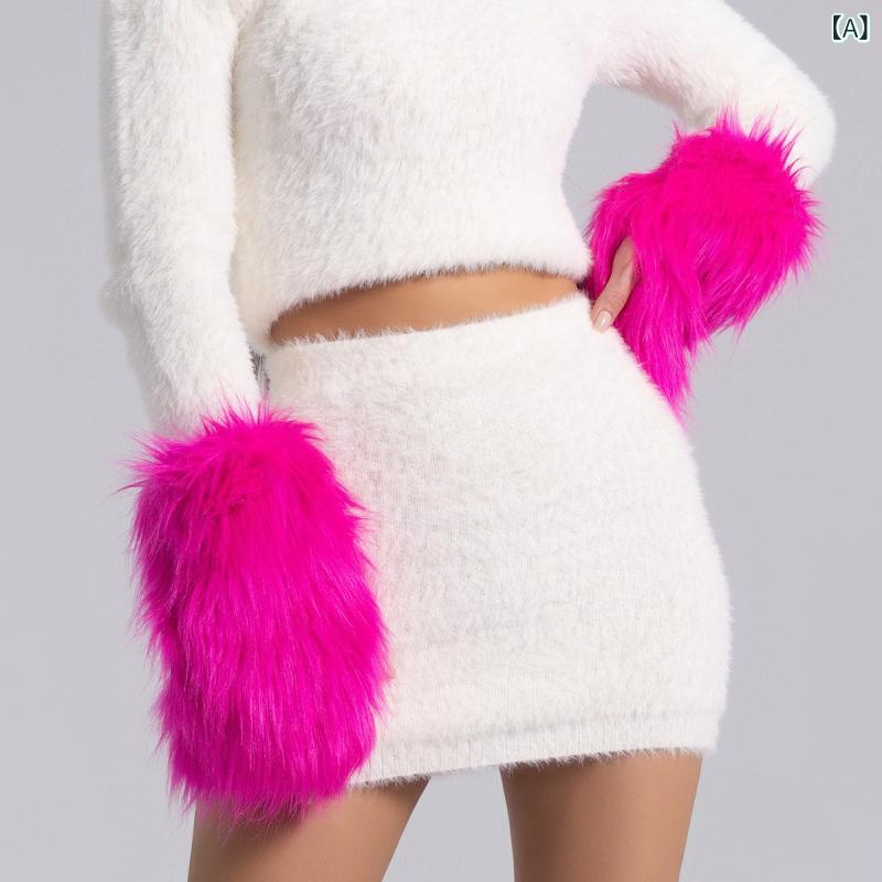 手袋 グローブ レディース 女性用 秋冬 ふわふわ もこもこ フェイクファー フォックスファー アームウォーマー ロンググローブ 半指 ハーフフィンガー おしゃれ 欧米風 個性的 防寒 保温 暖かい ローズピンク