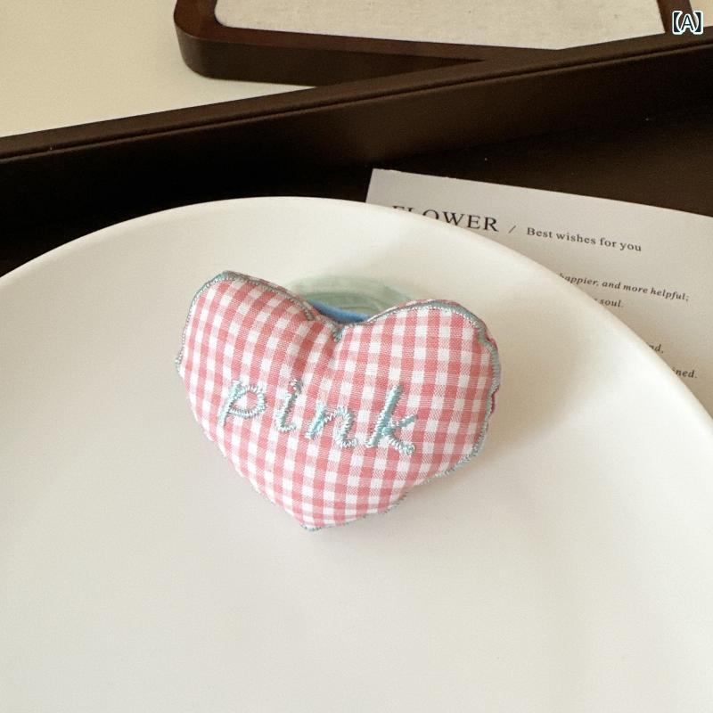 ヘアゴム レディース ヘアアクセサリー 髪留め 髪ゴム 刺繍 チェック柄 ハート 高弾力 かわいい 2点セット ピンク ブルー