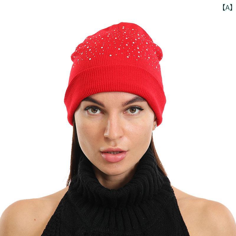 ニット帽 ビーニー 毛糸帽子 レッド ラインストーン 満天星デザイン 欧米風 おしゃれ 防寒 保温 防風 秋冬 カジュアル 普段使い お出かけ 通気性