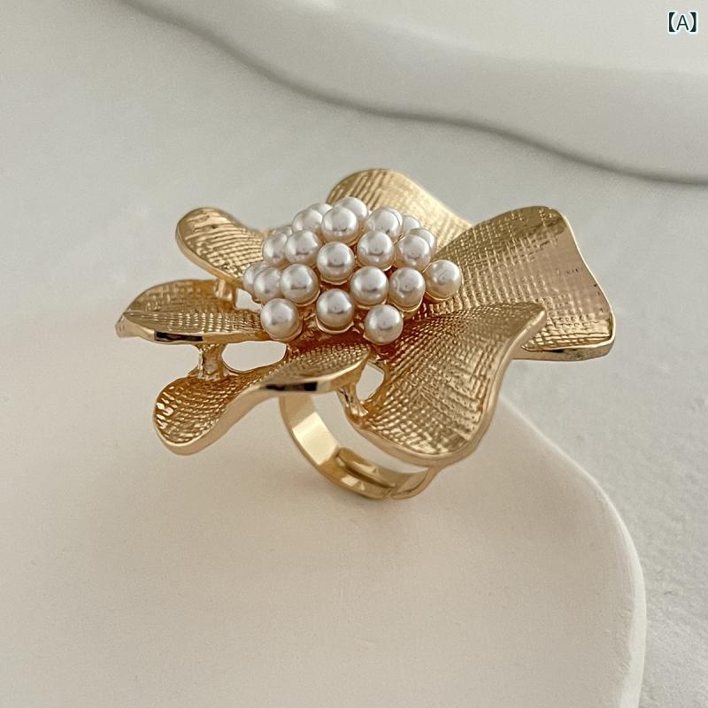 指輪 レディース 女性用 バロック 不揃いパール 合金 セットリング ライトラグジュアリー 上品 エレガント 幾何学 メタル透かし 個性的 おしゃれ 普段使い パーティー