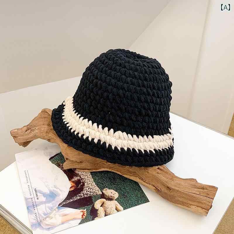 ハット レディース 女性用 秋冬 韓国風 トレンド バケットハット 切り替えカラー ざっくり編み ニット 小顔効果 若見え効果 日よけ UVカット 保温 防風 カジュアル 普段使い 買い物(4)