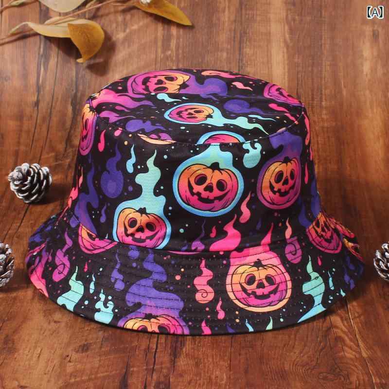 バケットハット ハロウィン ゴースト パンプキン ファイヤー モチーフ ヒップホップ パンクスタイル お..