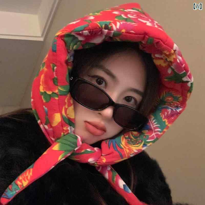 帽子 レディース 冬 中綿 キルティング 大花柄 ターバン帽 耳当て付き 防寒 保温 結び紐 レッド おしゃれ ファッション カジュアル 普段使い 華やか ハット