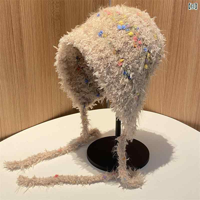 ニット帽 レディース 秋冬 手編み カラフル ポンポン ふわふわ もこもこ かわいい ...