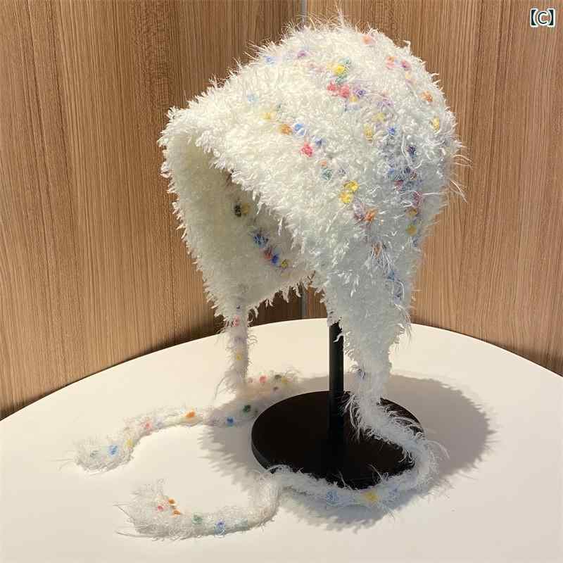 ニット帽 レディース 秋冬 手編み カラフル ポンポン ふわふわ もこもこ かわいい ...