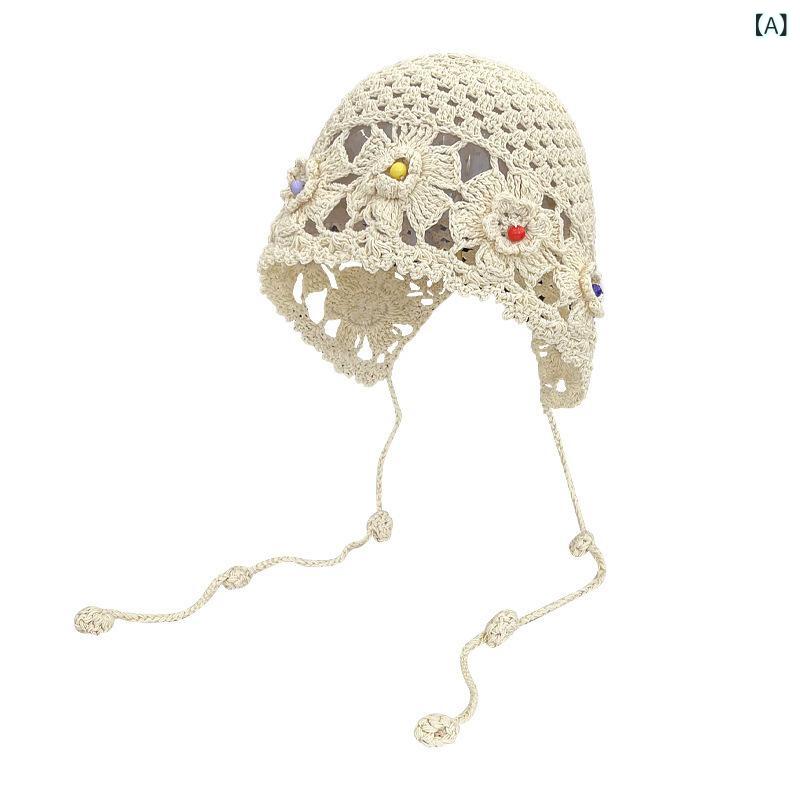 ニット帽 レディース ボヘミアン エスニック 手編み クロシェ編み フラワーモチーフ ビーズ タッセル 透かし編み ターバンハット 春夏 リゾート カジュアル 通気性 綿混