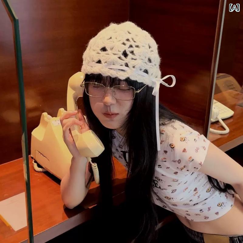 Knit Hat - 帽子 レディース 韓国風 インスタ風 小顔効果 スエード調 蝶結び モヘア風 アクリル かぎ針編み 透かし編み 薄手 通気性抜群 軽量 春夏 ニット帽 白 ベージュ 黒 ニットキャップ
