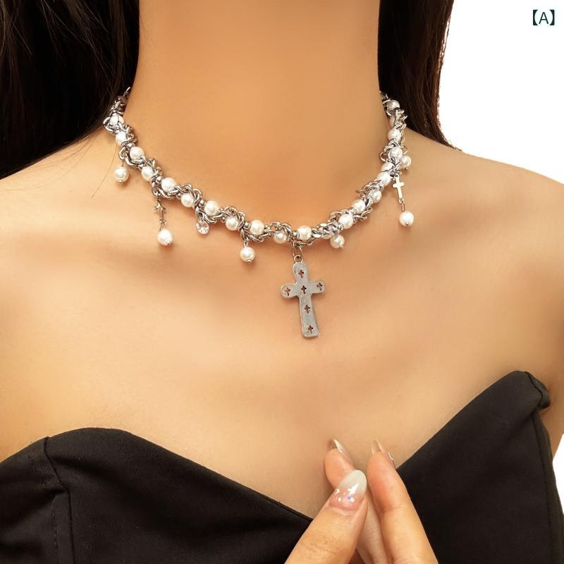 ネックレス レディース 水滴 ジルコニア パール 煌めく 十字架 揺れる ゴシック風 合金製 電気メッキ加工 高級感 華やか フォーマル 普段使い ペンダント チョーカー
