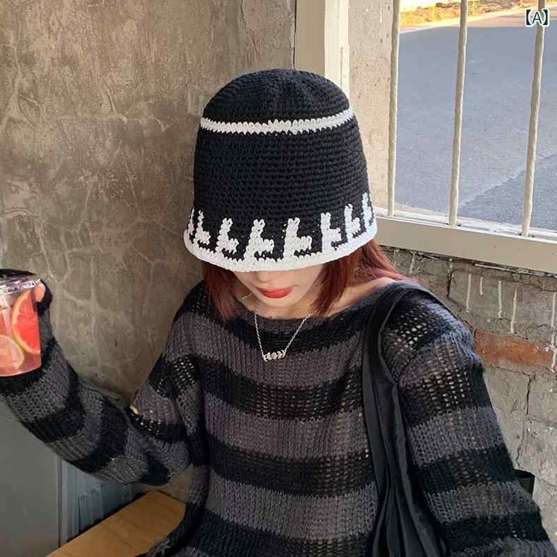 Cap - レディース バケットハット シンプル モノトーン バイカラー 手編み ニット 毛糸 小顔効果 短つば 上品 カジュアル 若見え 通気性 保温性 秋冬