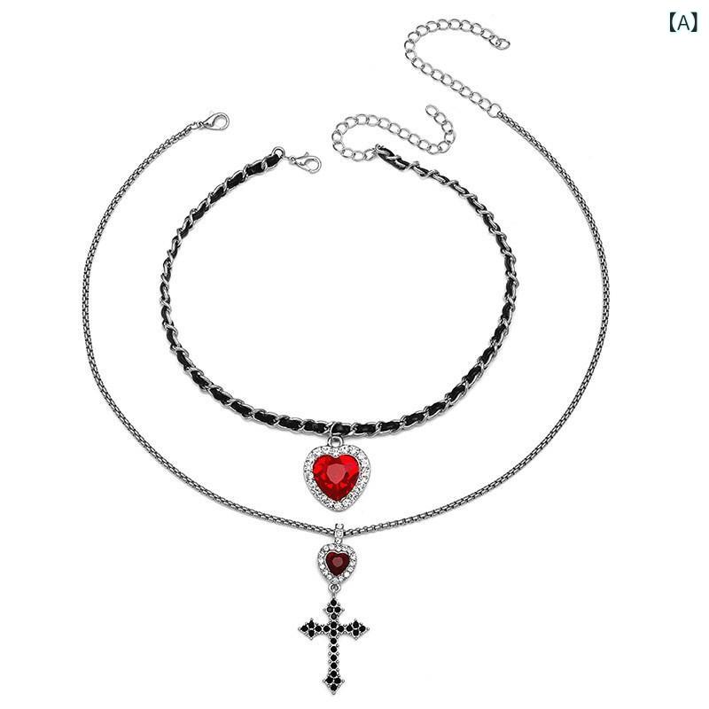アクセサリー レディース 個性的 存在感 ダーククロス レッドハート 二層重ね付け ネックレス ピアス セット 鎖骨チェーン ライトラグジュアリー 合金 電気メッキ加工