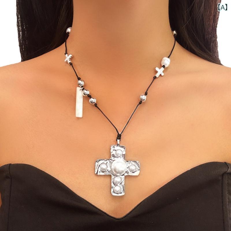 ネックレス レディース パンク風 メタル クロス チェーン 個性的 デザイン インスタ風 甘辛ミックス 合金製 電気メッキ加工 長さ調節可能