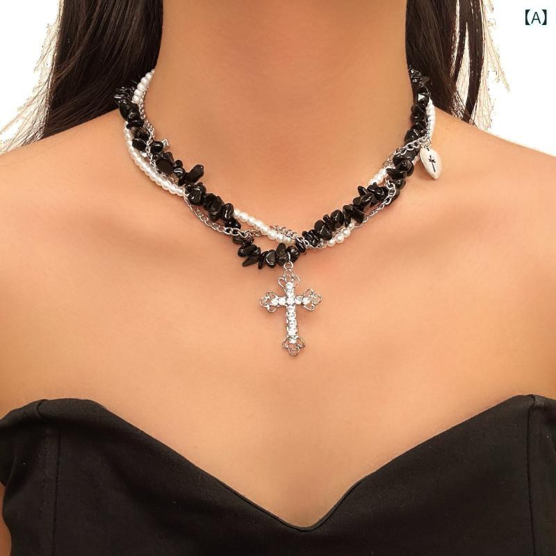 ネックレス レディース 十字架 ビーズ ブラック 甜酷系 クール 個性的 チョーカー 鎖骨ネックレス 普段使い カジュアル 合金 電気メッキ加工 高級感