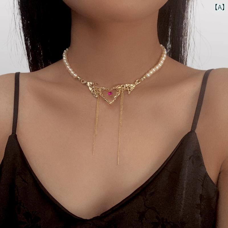 ネックレス レディース 甘辛 スウィート クール ハート フリンジ パール 個性的 チョーカー 鎖骨チェー..
