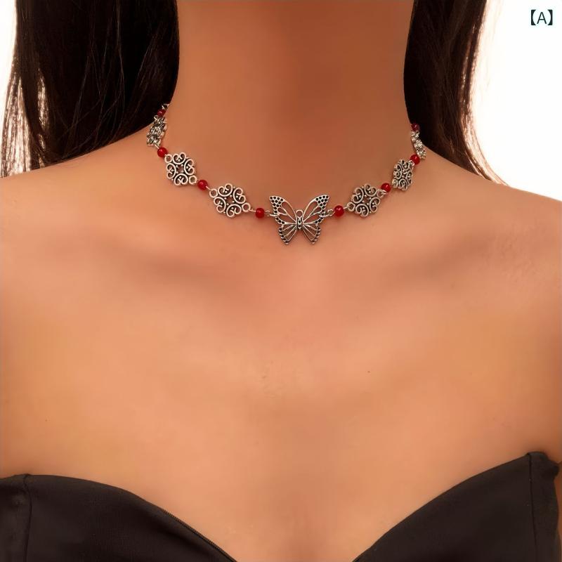 ネックレス 男女兼用 レトロ オリエンタル 上品 合金 透かし彫り 蝶 バタフライモチーフ デザイン性 高級感 電気メッキ加工 多層 鎖骨チェーン ネックアクセサリー