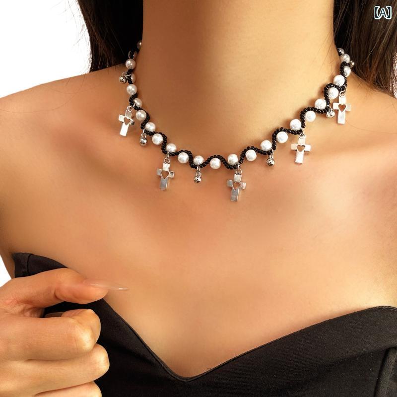 ネックレス レディース 女性用 欧米風 ヒップホップ ギャル風 個性的 ストリートファッション 星形 ペンダント チョーカー 多層 重ね付け 幾何学モチーフ 丸ビーズ フェイクパール メタルチェーン 合金製