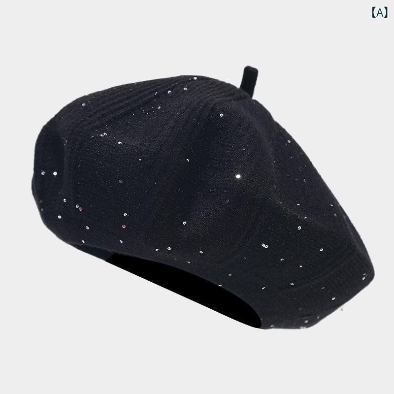 ベレー帽 レディース 女性用 ラビットファー ニット スパンコール カボチャ型 欧米風 レトロ クラシカル フレンチスタイル 秋冬 保温 防風 上品 エレガント おしゃれ ファッション小物(4)