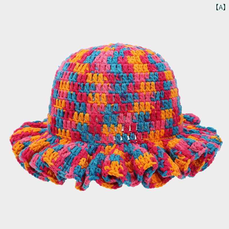 バケットハット フィッシャーマンハット フリル ニット 手編み アクリル カラフル マルチカラー レトロ ヴィンテージ 日除け ショートブリム ラウンドトップ 秋冬 ファッション小物 おしゃれ カジュアル(4.0)