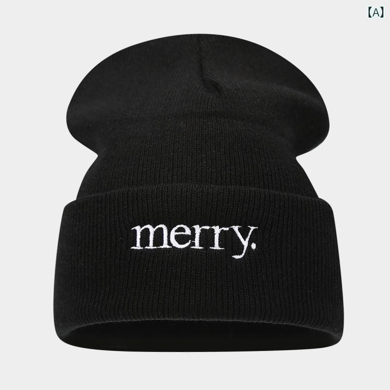 Cap - ニット帽 男女兼用 アメリカンカジュアル シンプル 刺繍 ワンポイント ルーズビーニー 防寒 あったか アウトドア タウンユース アクリル 黒 白 モノトーン
