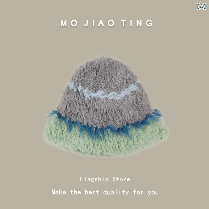 Knit Hat - 帽子 レディース 日系 ラビットファー ニットバケットハット 秋冬 防寒 保温 防風 小顔効果 ゆったりサイズ つば広 もこもこ ふわふわ カラフル おしゃれ ファッション