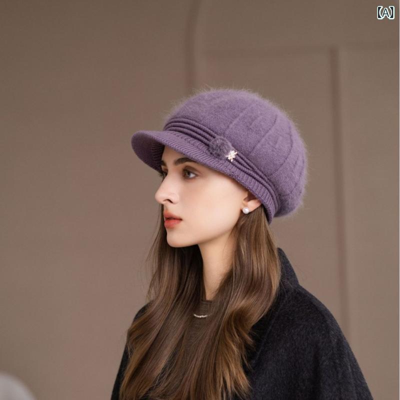 Cap, Hat - 帽子 レディース ミセス シニア 秋冬 冬用 ラビットファー 裏起毛 あったか 保温 防寒 防風 カメリア 花飾り シンプル おしゃれ 通勤 つば付き ショートブリム ニット帽
