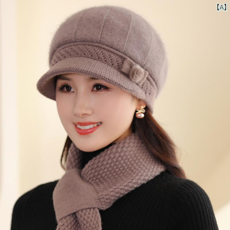 Cap, Hat - キャップ レディース シニア ミセス ママ 女性用 秋冬 ラビットファー ニット つば付き 短いつば 丸い頂点 防寒 保温 防風 アクリル製