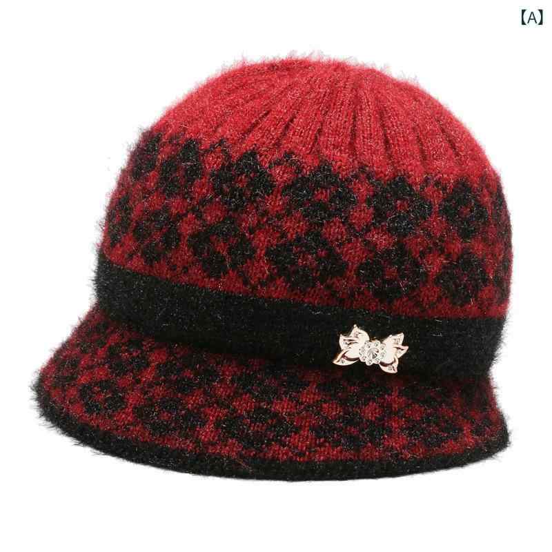 Cap, Hat - ニット帽 レディース 女性用 高齢者 お母さん おばあちゃん 婦人 ミセス 秋冬 防寒 防風 保温 つば広 リボン レトロ エスニック 丸型 ポリエステル レッド パープル ピンク グレー