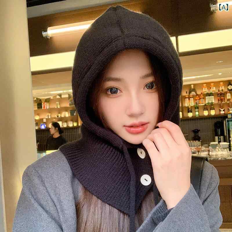 Knit Hat - バラクラバ ニット帽 レディース 男女兼用 ユニセックス 韓国 防寒 保温 秋冬 ネックウォーマー一体型 耳当て付き フードウォーマー 綿混 おしゃれ シンプル