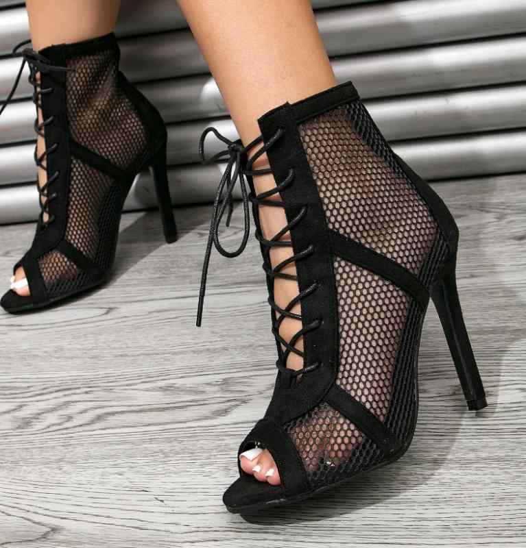 サンダルブーツ レディース 女性用 オープントゥ ラウンドトゥ カットアウト メッシュ レースアップ 編み上げ ピンヒール スティレットヒール 欧米風 ブラック...