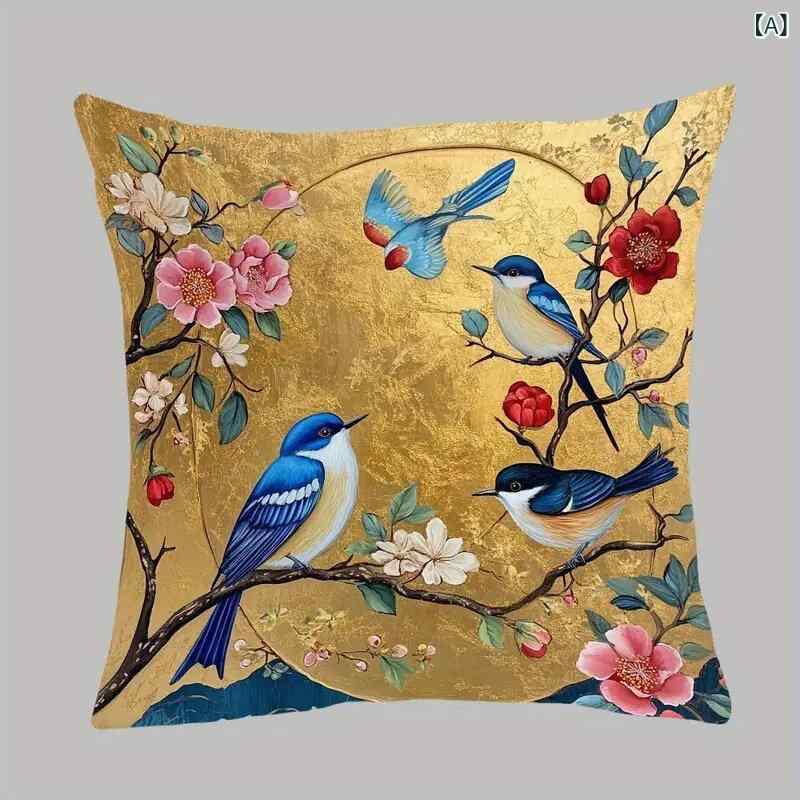 クッションカバー 高級感あふれる 豪華 ゴールド 金色 花鳥柄 美しいプリント ポリエステル製 隠しファ..