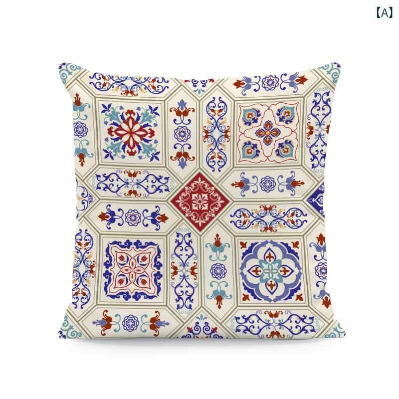 クッションカバー 北欧風 ライトラグジュアリー ポルトガル民族柄 ボタニカル 総柄 プリント ポリエステル製 起毛素材 45x45cm リビング ソファ ベッドルーム インテリア 模様替え 淡色 モダン エレガント