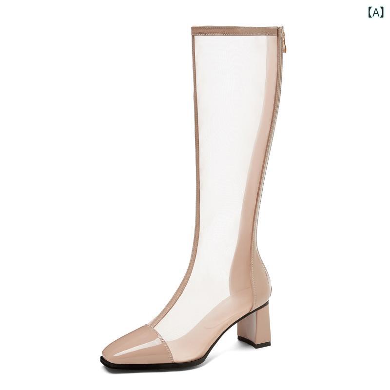 サマーブーツ レディース 春夏 通気性 メッシュ 網目 シースルー 透かしデザイン ミドル丈 アンクル丈 サンダル バックジップ スクエアトゥ カジュアル ストリート ブラック パープル系