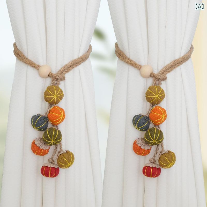 カーテン タッセル ファブリック 布製 カボチャモチーフ キャラクターデザイン かわいい おしゃれ リビング 雑貨 ボール飾り 麻紐 マクラメ結び 結束バンド 留め具