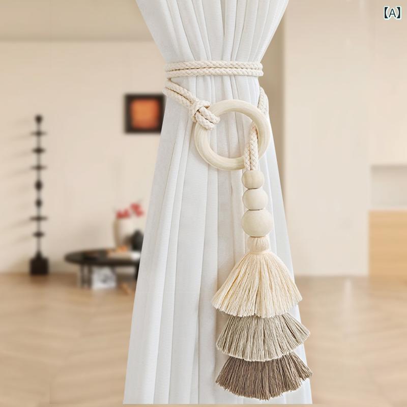 カーテンタッセル ボヘミアン スタイル シンプル モダン 布製 結び紐 タッセルホルダー ベージュ リビ..