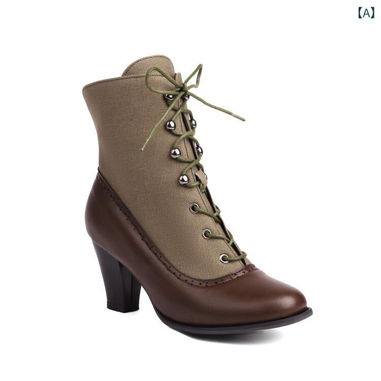 ショートブーツ レディース レトロ 英国風 ブーツ ハイヒール コーンヒール ブローグ バイカラー レースアップ 合成皮革 ブラウン ブラック レトロレッド 普段使い カジュアル あったか 防寒 コスプレ 秋冬