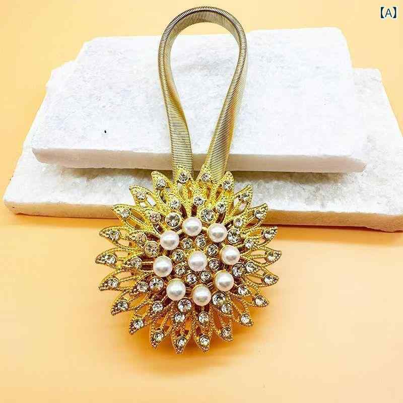 カーテンタッセル マグネット式 ラインストーン スプリングバンド 伸縮性 フレンチ モダンラグジュアリー おしゃれ 合金製 ゴールド シルバー カーテン留め