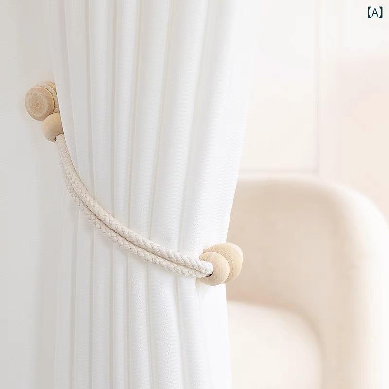 カーテンタッセル 手作り ハンドメイド コットンロープ 綿紐 三つ珠 木製 マグネット式 穴あけ不要 シンプル モダン ナチュラル 窓周り インテリア おしゃれ かわいい アイボリー オフホワイト カーテン留め ホルダー